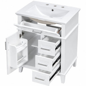 English Elm 24 Inch Freestanding Vanity Solid Wood Cabinet Ceramic Sink Four Drawer Bath Storage White N729P488872K