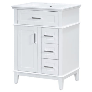 English Elm 24 Inch Freestanding Vanity Solid Wood Cabinet Ceramic Sink Four Drawer Bath Storage White N729P488872K