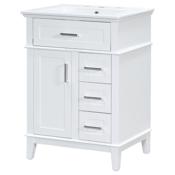 English Elm 24 Inch Freestanding Vanity Solid Wood Cabinet Ceramic Sink Four Drawer Bath Storage White N729P488872K