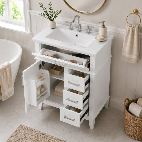 English Elm 24 Inch Freestanding Vanity Solid Wood Cabinet Ceramic Sink Four Drawer Bath Storage White N729P488872K
