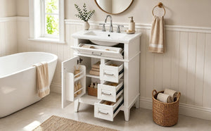 English Elm 24 Inch Freestanding Vanity Solid Wood Cabinet Ceramic Sink Four Drawer Bath Storage White N729P488872K
