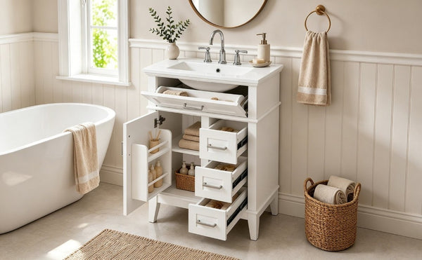 English Elm 24 Inch Freestanding Vanity Solid Wood Cabinet Ceramic Sink Four Drawer Bath Storage White N729P488872K