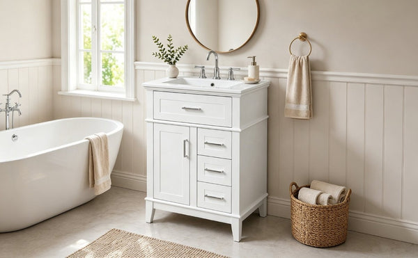 English Elm 24 Inch Freestanding Vanity Solid Wood Cabinet Ceramic Sink Four Drawer Bath Storage White N729P488872K