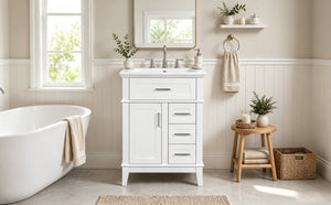 English Elm 24 Inch Freestanding Vanity Solid Wood Cabinet Ceramic Sink Four Drawer Bath Storage White N729P488872K