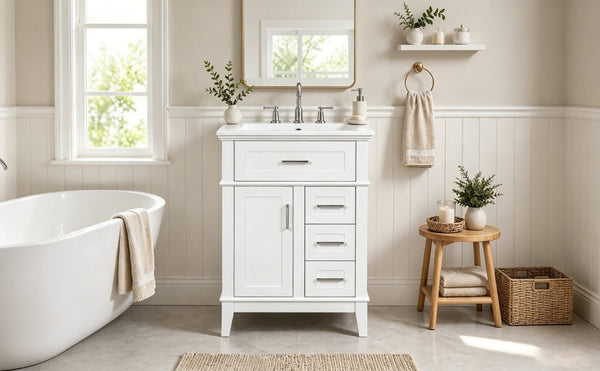 English Elm 24 Inch Freestanding Vanity Solid Wood Cabinet Ceramic Sink Four Drawer Bath Storage White N729P488872K