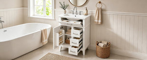English Elm 24 Inch Freestanding Vanity Solid Wood Cabinet Ceramic Sink Four Drawer Bath Storage White N729P488872K