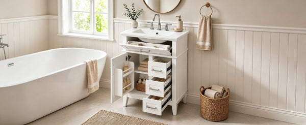 English Elm 24 Inch Freestanding Vanity Solid Wood Cabinet Ceramic Sink Four Drawer Bath Storage White N729P488872K