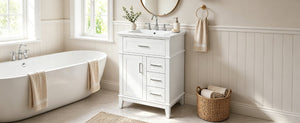 English Elm 24 Inch Freestanding Vanity Solid Wood Cabinet Ceramic Sink Four Drawer Bath Storage White N729P488872K