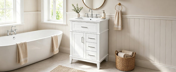English Elm 24 Inch Freestanding Vanity Solid Wood Cabinet Ceramic Sink Four Drawer Bath Storage White N729P488872K