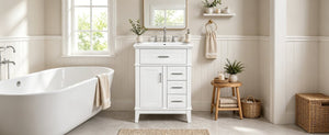 English Elm 24 Inch Freestanding Vanity Solid Wood Cabinet Ceramic Sink Four Drawer Bath Storage White N729P488872K