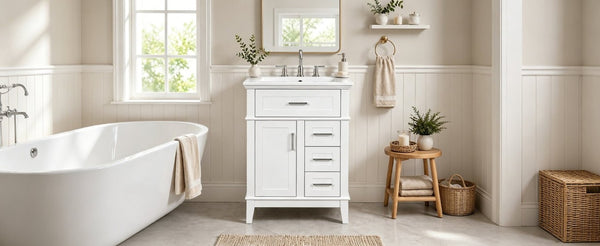 English Elm 24 Inch Freestanding Vanity Solid Wood Cabinet Ceramic Sink Four Drawer Bath Storage White N729P488872K