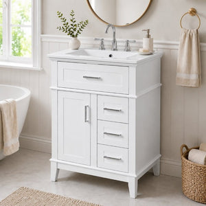 English Elm 24 Inch Freestanding Vanity Solid Wood Cabinet Ceramic Sink Four Drawer Bath Storage White N729P488872K