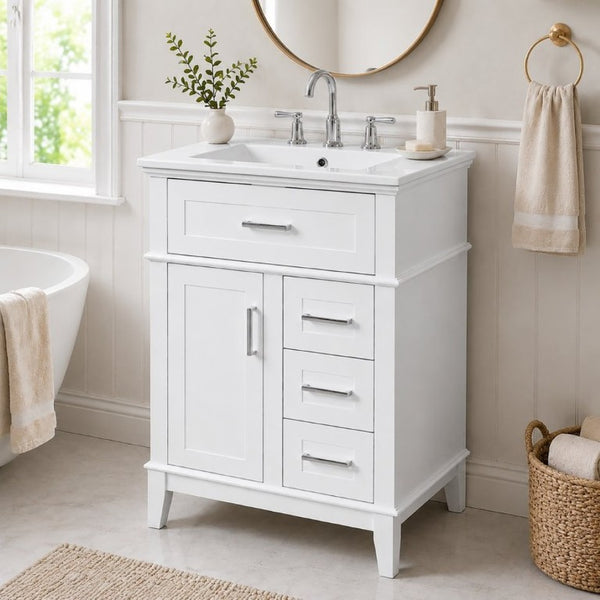 English Elm 24 Inch Freestanding Vanity Solid Wood Cabinet Ceramic Sink Four Drawer Bath Storage White N729P488872K