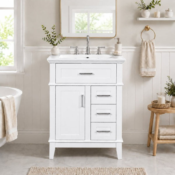 English Elm 24 Inch Freestanding Vanity Solid Wood Cabinet Ceramic Sink Four Drawer Bath Storage White N729P488872K