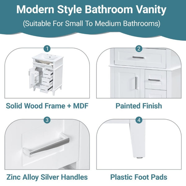 English Elm 24 Inch Freestanding Vanity Solid Wood Cabinet Ceramic Sink Four Drawer Bath Storage White N729P488872K