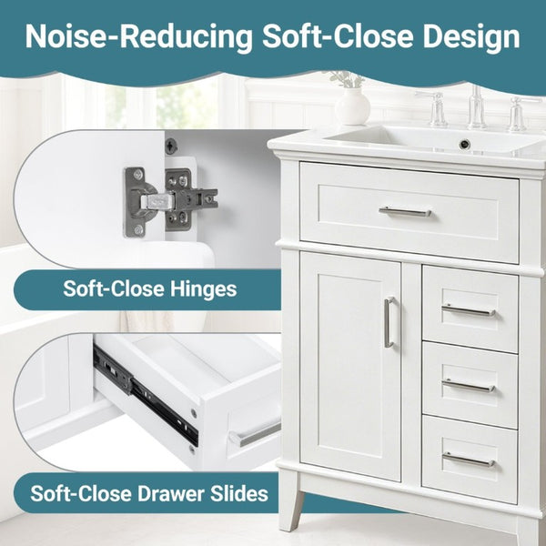 English Elm 24 Inch Freestanding Vanity Solid Wood Cabinet Ceramic Sink Four Drawer Bath Storage White N729P488872K
