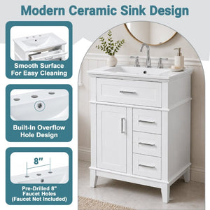English Elm 24 Inch Freestanding Vanity Solid Wood Cabinet Ceramic Sink Four Drawer Bath Storage White N729P488872K