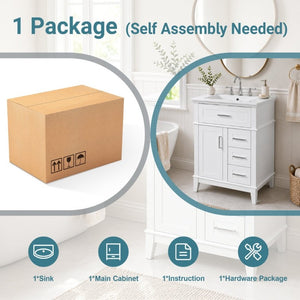 English Elm 24 Inch Freestanding Vanity Solid Wood Cabinet Ceramic Sink Four Drawer Bath Storage White N729P488872K
