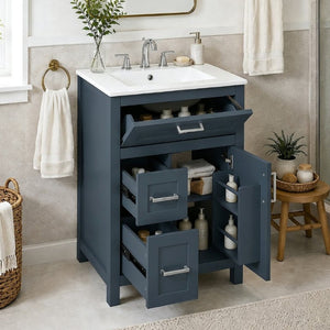 English Elm 24 Inch Bathroom Vanity Solid Wood MDF Cabinet Ceramic Sink Silver Modern Storage Blue N729P488873C