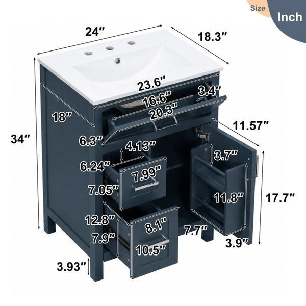 English Elm 24 Inch Bathroom Vanity Solid Wood MDF Cabinet Ceramic Sink Silver Modern Storage Blue N729P488873C