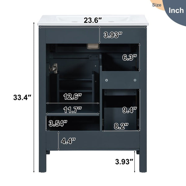 English Elm 24 Inch Bathroom Vanity Solid Wood MDF Cabinet Ceramic Sink Silver Modern Storage Blue N729P488873C