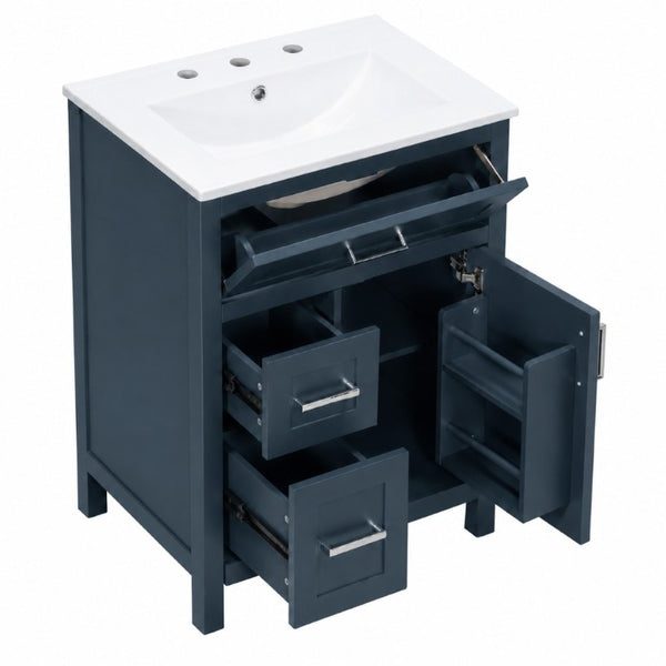 English Elm 24 Inch Bathroom Vanity Solid Wood MDF Cabinet Ceramic Sink Silver Modern Storage Blue N729P488873C