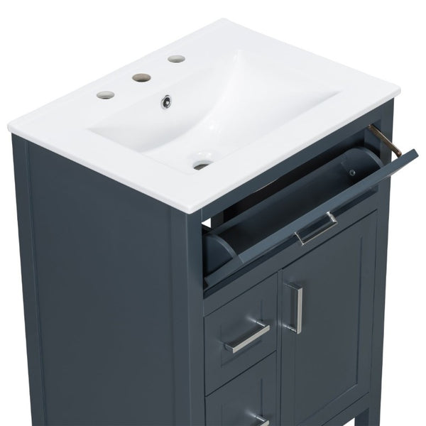 English Elm 24 Inch Bathroom Vanity Solid Wood MDF Cabinet Ceramic Sink Silver Modern Storage Blue N729P488873C