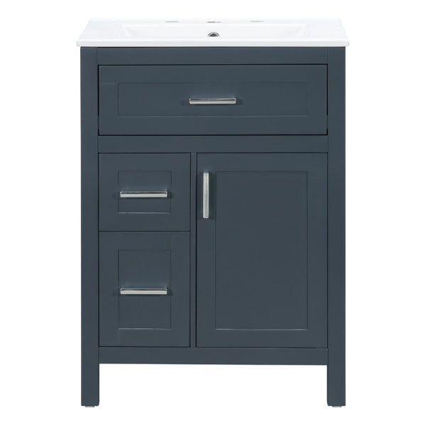 English Elm 24 Inch Bathroom Vanity Solid Wood MDF Cabinet Ceramic Sink Silver Modern Storage Blue N729P488873C