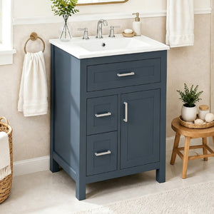 English Elm 24 Inch Bathroom Vanity Solid Wood MDF Cabinet Ceramic Sink Silver Modern Storage Blue N729P488873C