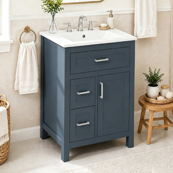 English Elm 24 Inch Bathroom Vanity Solid Wood MDF Cabinet Ceramic Sink Silver Modern Storage Blue N729P488873C