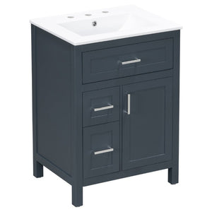 English Elm 24 Inch Bathroom Vanity Solid Wood MDF Cabinet Ceramic Sink Silver Modern Storage Blue N729P488873C