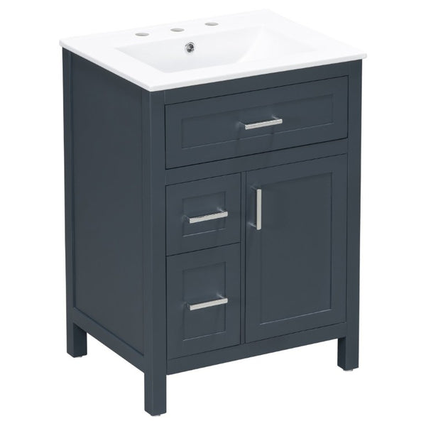 English Elm 24 Inch Bathroom Vanity Solid Wood MDF Cabinet Ceramic Sink Silver Modern Storage Blue N729P488873C