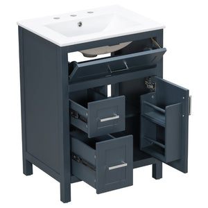 English Elm 24 Inch Bathroom Vanity Solid Wood MDF Cabinet Ceramic Sink Silver Modern Storage Blue N729P488873C