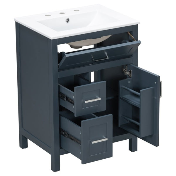 English Elm 24 Inch Bathroom Vanity Solid Wood MDF Cabinet Ceramic Sink Silver Modern Storage Blue N729P488873C