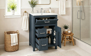 English Elm 24 Inch Bathroom Vanity Solid Wood MDF Cabinet Ceramic Sink Silver Modern Storage Blue N729P488873C