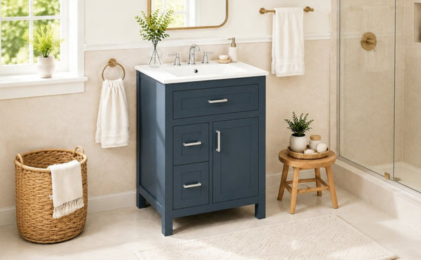English Elm 24 Inch Bathroom Vanity Solid Wood MDF Cabinet Ceramic Sink Silver Modern Storage Blue N729P488873C