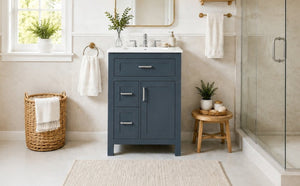 English Elm 24 Inch Bathroom Vanity Solid Wood MDF Cabinet Ceramic Sink Silver Modern Storage Blue N729P488873C