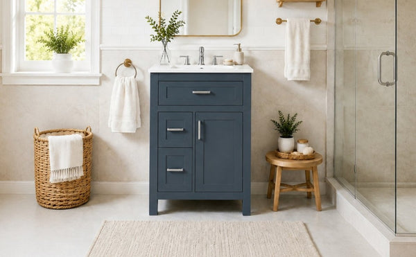 English Elm 24 Inch Bathroom Vanity Solid Wood MDF Cabinet Ceramic Sink Silver Modern Storage Blue N729P488873C