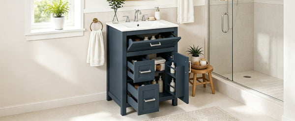 English Elm 24 Inch Bathroom Vanity Solid Wood MDF Cabinet Ceramic Sink Silver Modern Storage Blue N729P488873C
