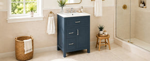 English Elm 24 Inch Bathroom Vanity Solid Wood MDF Cabinet Ceramic Sink Silver Modern Storage Blue N729P488873C