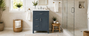 English Elm 24 Inch Bathroom Vanity Solid Wood MDF Cabinet Ceramic Sink Silver Modern Storage Blue N729P488873C