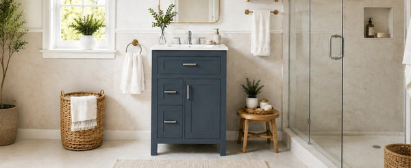 English Elm 24 Inch Bathroom Vanity Solid Wood MDF Cabinet Ceramic Sink Silver Modern Storage Blue N729P488873C