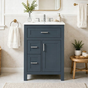 English Elm 24 Inch Bathroom Vanity Solid Wood MDF Cabinet Ceramic Sink Silver Modern Storage Blue N729P488873C