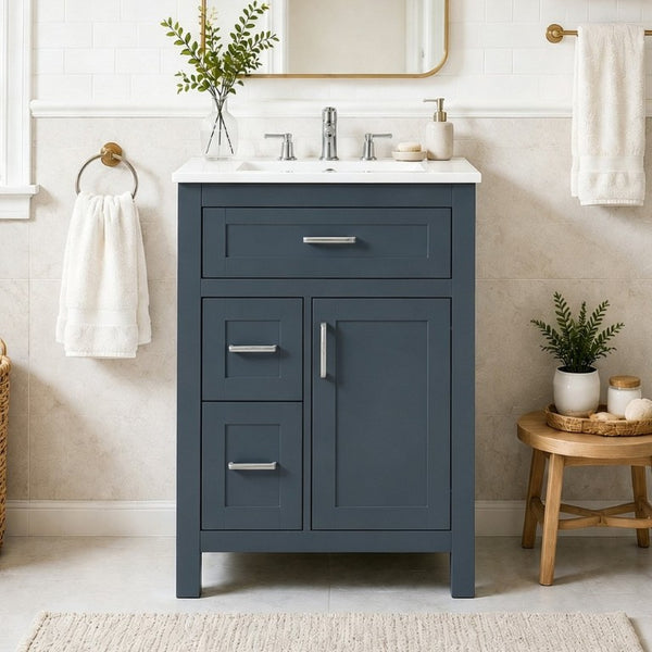 English Elm 24 Inch Bathroom Vanity Solid Wood MDF Cabinet Ceramic Sink Silver Modern Storage Blue N729P488873C