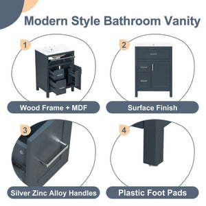 English Elm 24 Inch Bathroom Vanity Solid Wood MDF Cabinet Ceramic Sink Silver Modern Storage Blue N729P488873C
