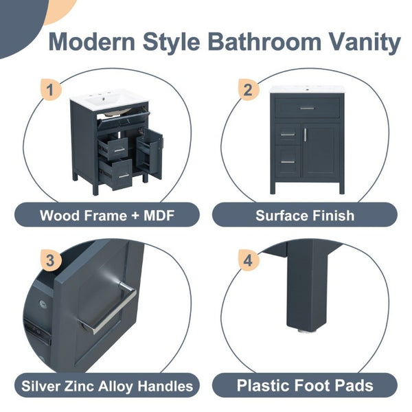 English Elm 24 Inch Bathroom Vanity Solid Wood MDF Cabinet Ceramic Sink Silver Modern Storage Blue N729P488873C