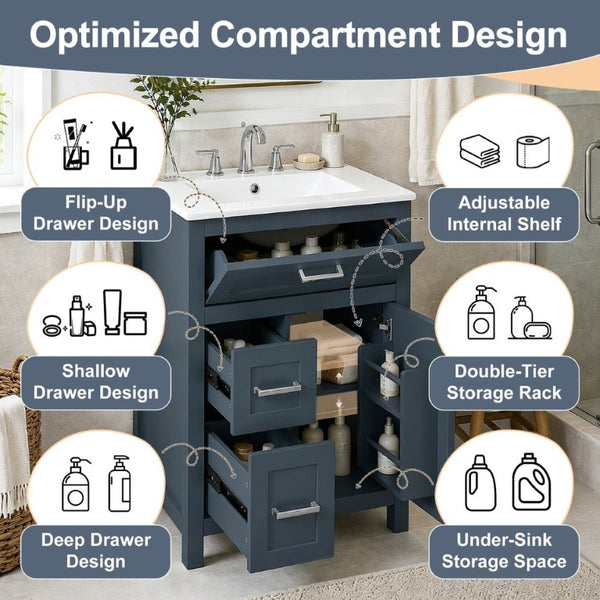 English Elm 24 Inch Bathroom Vanity Solid Wood MDF Cabinet Ceramic Sink Silver Modern Storage Blue N729P488873C