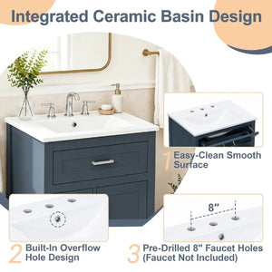 English Elm 24 Inch Bathroom Vanity Solid Wood MDF Cabinet Ceramic Sink Silver Modern Storage Blue N729P488873C