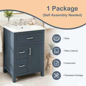 English Elm 24 Inch Bathroom Vanity Solid Wood MDF Cabinet Ceramic Sink Silver Modern Storage Blue N729P488873C