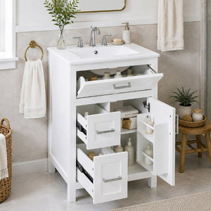English Elm 24 Inch Bathroom Vanity Solid Wood MDF Cabinet Ceramic Sink Silver Modern Storage White N729P488873K